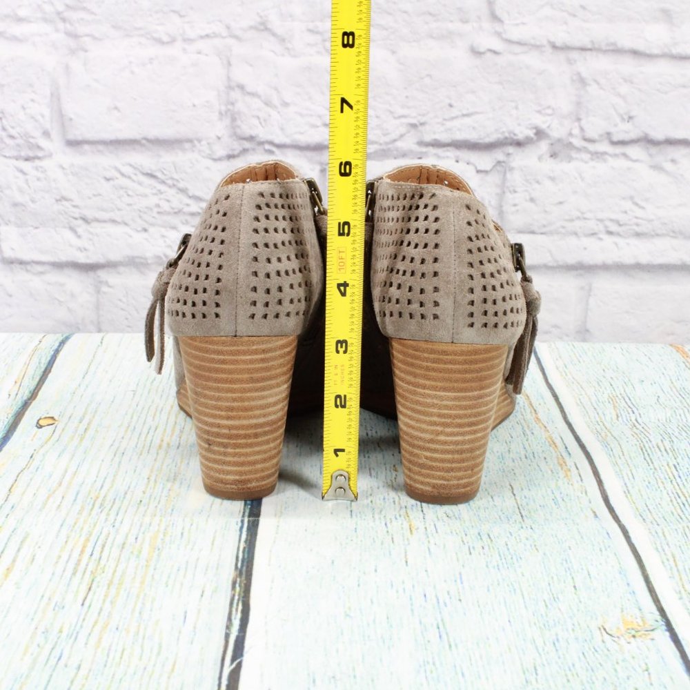 *Lucky Brand Brown Suede Side Zipper Perforated Wedge Heel Sandals Size 8 Inches - Picture 6 of 10